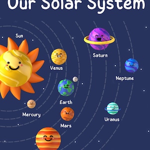 May include: A colorful illustration of the solar system, featuring the sun and planets with smiling faces. The text "Our Solar System" is at the top. Planets include Mercury, Venus, Earth, Mars, Jupiter, Saturn, Uranus, and Neptune.