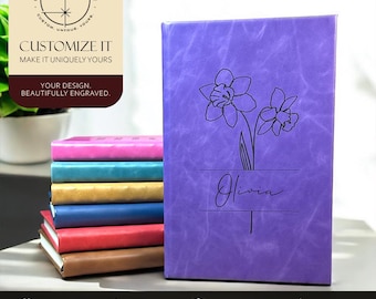 Personalized Birth Flower Journal | Custom Leatherette Notebook with Name & Floral Design