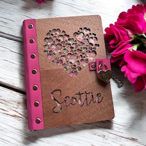 Personalized Wooden Heart Lock Diary, Refillable A5 Journal with Mahogany Cover