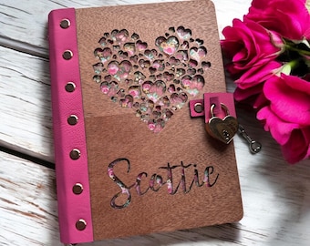 Personalized Wood Heart Lock Diary | Refillable A5 Journal with Mahogany Cover
