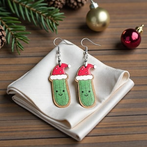 Pickle Santa Hat Earrings – Hand-Painted Wooden Christmas Jewelry