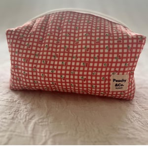 Cottagecore Quilted Makeup Cherry Bag, Cosmetic Travel Organizer & Retro Red Gingham Toiletry Accessory Pouch