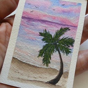 Tropical Sunset ACEO Original Watercolor | Palm Tree Beach Mini Painting | Coastal Landscape Art