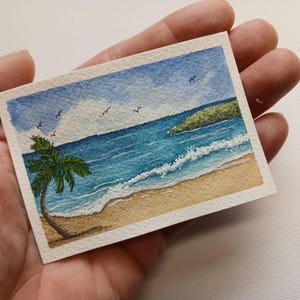 Original Tropical Beach Watercolor Painting | Ocean Wave Palm Tree Art | Mini Coastal Landscape ACEO