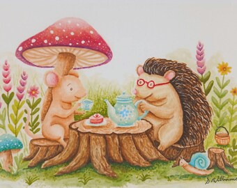 Hedgehog & Mouse Tea Party Print – Whimsical Woodland Cottagecore Illustration (5x7 Art)