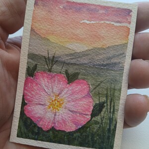Pink Wildflower ACEO Original Watercolor Painting | Mountain Sunrise Mini Landscape | Prairie Rose Artwork