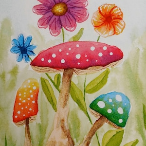 Colorful Mushroom and Flowers Watercolor Print | Whimsical Floral Art | Cottagecore Decor | Woodland Nature Illustration | Fantasy Garden