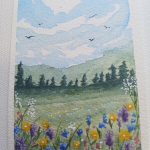 Mountain Meadow ACEO Original Painting – Wildflower Watercolor Tiny Art image 3