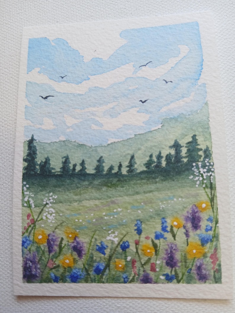 Mountain Meadow ACEO Original Painting – Wildflower Watercolor Tiny Art image 3