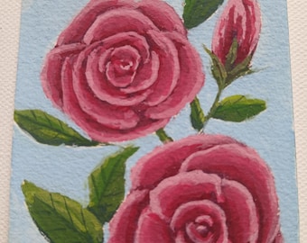 Rose ACEO ATC Original Art | Mini Watercolor Floral Painting | Cottagecore Flower Artwork | Collectible Artist Trading Card
