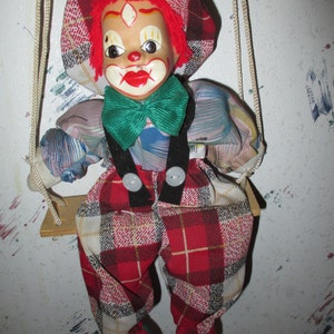 Vintage Shalom Toy Co. Clown Puppet on Swing, Porcelain Face Marionette RARE