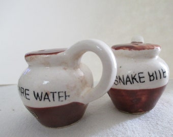 Snake Bite & Fire Water Salt and Pepper Shakers Humorous Kitchen Kitsch Mid Century Retro Kitchenware Made in Japan Tiered Tray Decor