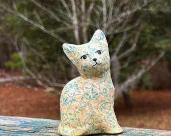 Cat Figurine Hand Painted Face Chitz Calico Decoupaged Kitten Figurine Fun Farmhouse Inspired Tiered Tray Decor