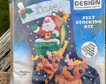 Santa Claus Felt Christmas Stocking, Kit 5015 16" Santa Sleigh Reindeer Felt Stocking, Vintage Design Works Crafts, New Old Stock Craft Kit