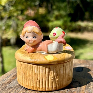Ceramic Pixie Mushroom Trinket Box, Shabby Farmhouse Tiered Tray Decor