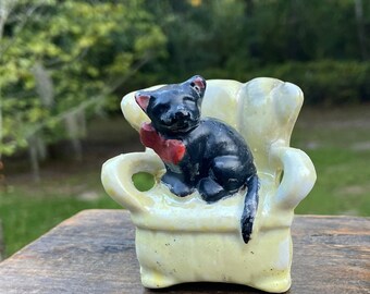 Black Cat Figurine Made in Japan, Yellow Chair, Cottagecore Decor