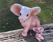 Vintage Pink Mama Elephant with Baby Elephant, Lipper Mann Japan, Elephant Figurines, Baby Nursery Decor, Farmhouse Decor