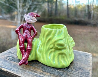 Pixie on a Stump Planter Red Gilner Pixie Figurine Kitschy Pottery Succulent Pot Farmhouse Inspired