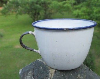 Vintage White & Blue Enamelware Coffee Cup Child Size Cup small Enamel Coffee Mug Farmhouse Inspired Tiered Tray Decor Succulent Pot Camping