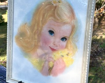 Framed Charmin Tissue Little Girl Print Ad by Frances Hook American Beauties Series Blonde Hair Yellow Dress Fuzzy Yellow Flowers