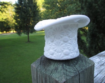 Milk Glass Top Hat Toothpick Holder White Daisy and Button Fenton Style Hat Vase Vintage Depression Glass Farmhouse Inspired