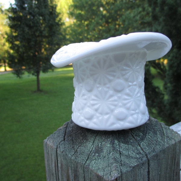 Milk Glass Top Hat Toothpick Holder White Daisy and Button Fenton Style Hat Vase Vintage Depression Glass Farmhouse Inspired