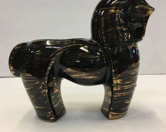 Art Deco Trojan Horse Planter, Mid Century Mod Horse Figurine, Black with Gold Stripes Horse, Succulent Planter, Vintage American Pottery