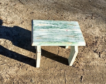 Wooden Step Stool Small Bench, Distressed White Farmhouse Stool, Cottage Chic Kitchen Foot Stool, Timeout Bench, Display Shelf or Riser