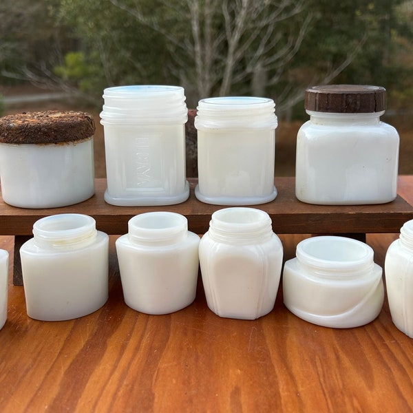 Lot of 10 Vintage Milk Glass Cosmetic Medicinal Jars Ponds Avon Elcaya Woodburys Jars Mid Century Vanity Display Farmhouse Inspired Decor