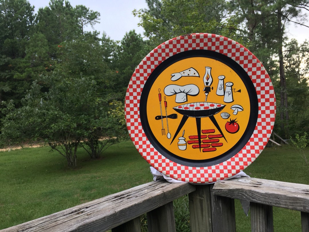 Round Metal Serving Tray, BBQ Cookout Tray, Mid Century Metal Tray