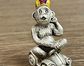 1982 Hudson Fine Pewter Monkey Riding Car Miniature Figurine Kitsch Circus Decor