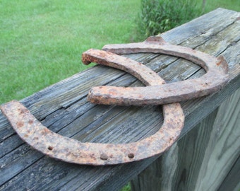 2 Vintage Rusty Iron Horseshoes: Good Luck Symbol, Farmhouse Gallery Wall Decor