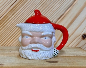 Santa Face Creamer w/ Lid Cream Pitcher Light Blue Eyes Green Polka Dots Kitschy Shabby Farmhouse Christmas Display READ