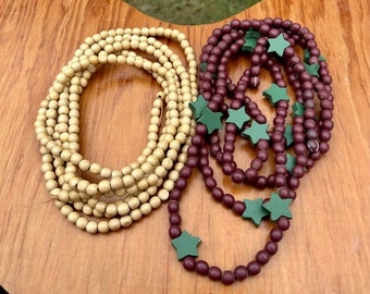 2 Vintage Wooden Bead Garlands Natural Wood Beads and Dark Red Beads with Green Star Accents Christmas Garland String of Beads