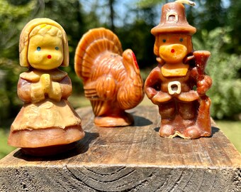 Pilgrim Man and Woman and Thanksgiving Turkey Gurley Candles Farmhouse Inspired Holiday Centerpiece Figures