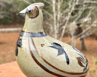 Tonala Mexico Pottery Bird Figurine or Statue Heavy Weight Colorful Designs Farmhouse Inspired Decor