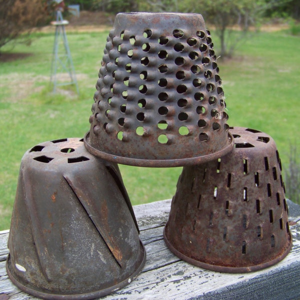 Vintage Grater Attachments...Set of 3...Rusty Patina...Retro Kitchenware...Repurposed Candle Holders...Salvaged Decor...Country Farmhouse