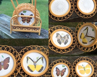 Set of 6 Rattan Butterfly Coaster with Holder or Caddy Mid Century Retro Barware Farmhouse Inspired Bar Decor