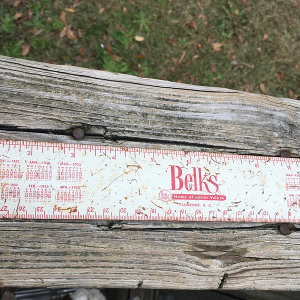 1952 Metal Advertising Ruler Belk's Department Store Florence SC Southern Hometown Charm Convex Calendar Ruler Made in USA
