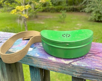 Vintage Green Metal Bait Box with Belt Portable Tackle Storage Fisherman Aesthetic