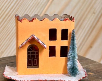 Light Orange Putz house Scalloped Roof Southwestern Nostalgic Christmas Village Japan Farmhouse Inspire Christmas Tree Light Decoration READ
