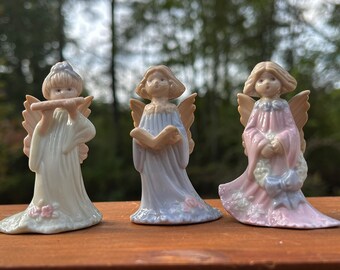 3 Angel Figurines RUSS BERRIE Glazed Ceramic Angels Playing Musical Instruments