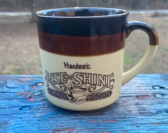 Hardee's Coffee Mug 1989 Coffee Cup Rise and Shine Homemade Biscuits Southern Collectible Beige Brown Cup Farmhouse Coffee Bar Decor