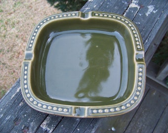 Vintage Moss Green Ashtray Hall Pottery Trinket Dish Mid Century Mod Man Cave Decor