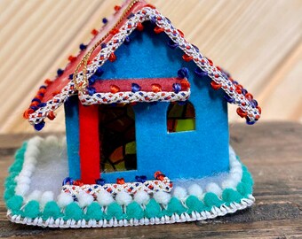 Blue Putz House White Felt Roof Nostalgic Christmas Village Japan Vintage Farmhouse Inspired Christmas Tree Light Decoration READ