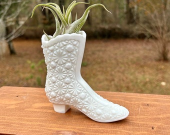 Milk Glass Fancy Boot Toothpick Holder White Daisy and Button Fenton Lady Shoe Vase Vintage Depression Glass Farmhouse Inspired