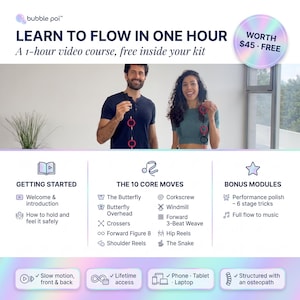 May include: A bubble poi kit featuring a one-hour video course. The graphic displays the text LEARN TO FLOW IN ONE HOUR, GETTING STARTED, THE 10 CORE MOVES, and BONUS MODULES. It lists ten specific poi moves and features icons for lifetime access.