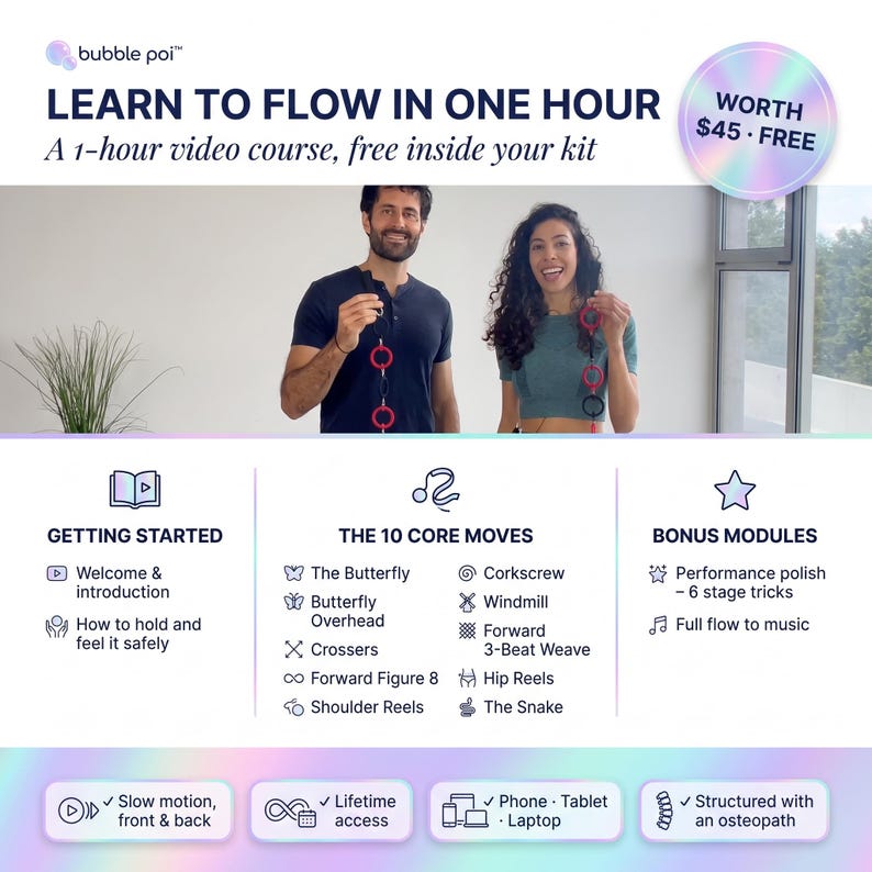 May include: A bubble poi kit featuring a one-hour video course. The graphic displays the text LEARN TO FLOW IN ONE HOUR, GETTING STARTED, THE 10 CORE MOVES, and BONUS MODULES. It lists ten specific poi moves and features icons for lifetime access.