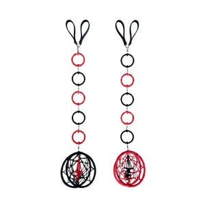 May include: Two vertical hanging accessories featuring a top loop, a chain of five alternating red and black circular rings, and a circular base at the bottom. The left base is black with red webbing, and the right base is red with black webbing.