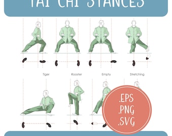 Tai Chi Stances Vector Illustration, Pose Outlines (SVG, PNG, EPS)
